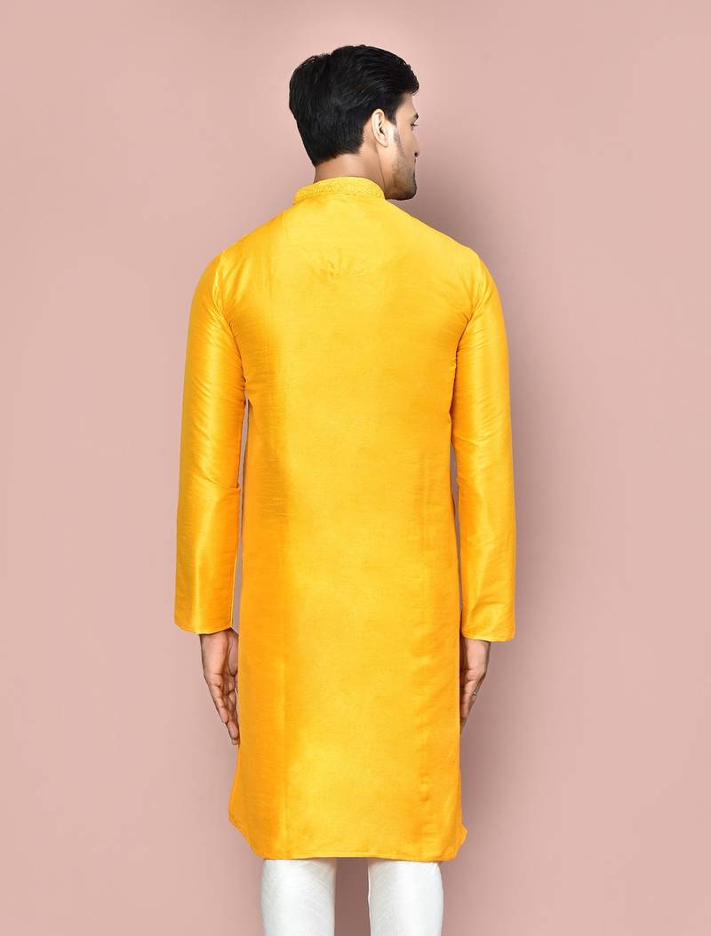 Yellow dupion art silk kurta with  computerised embroidery machine work