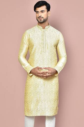 Fawn dupion art silk kurta with  computerised embroidery machine work