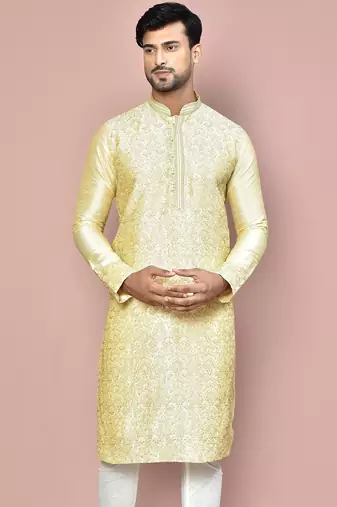Fawn dupion art silk kurta with  computerised embroidery machine work