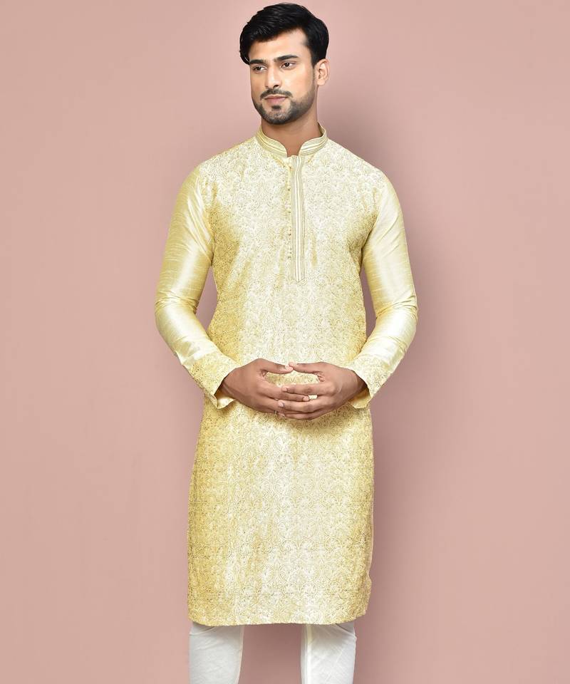 Fawn dupion art silk kurta with  computerised embroidery machine work
