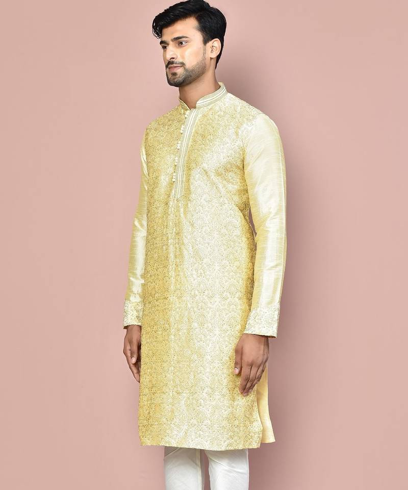 Fawn dupion art silk kurta with  computerised embroidery machine work