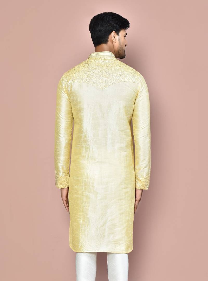Fawn dupion art silk kurta with  computerised embroidery machine work