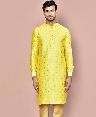yellow fancy fabric kurta with pattern work&pipein work 1