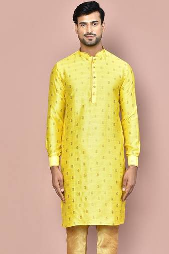 yellow fancy fabric kurta with pattern work&pipein work