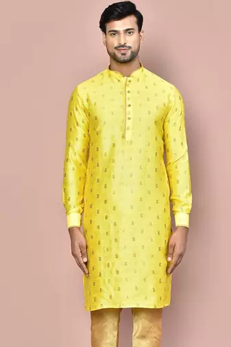 yellow fancy fabric kurta with pattern work&pipein work