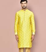 yellow fancy fabric kurta with pattern work&pipein work