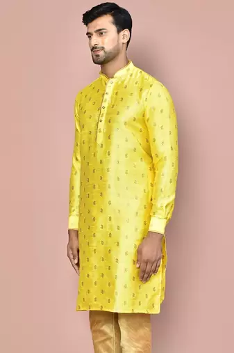yellow fancy fabric kurta with pattern work&pipein work
