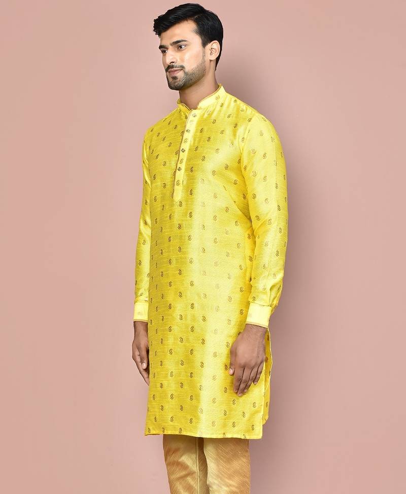 yellow fancy fabric kurta with pattern work&pipein work