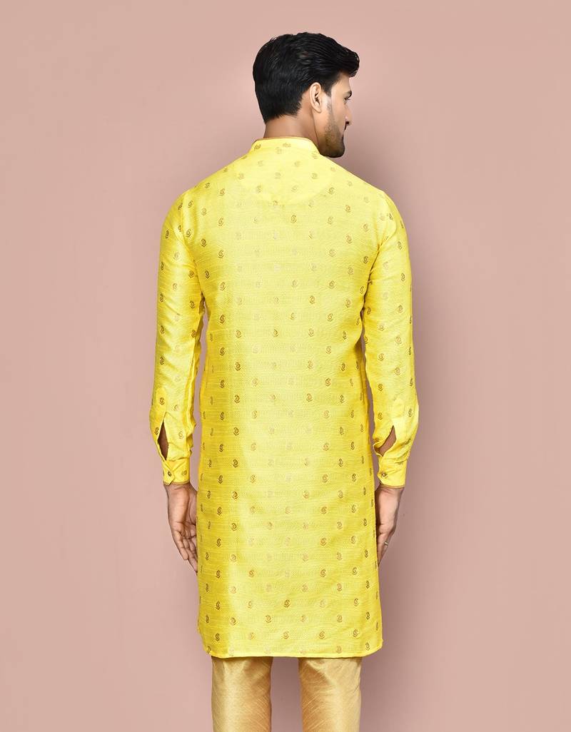 yellow fancy fabric kurta with pattern work&pipein work