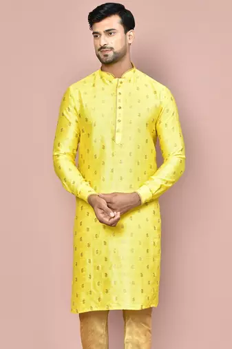 yellow fancy fabric kurta with pattern work&pipein work