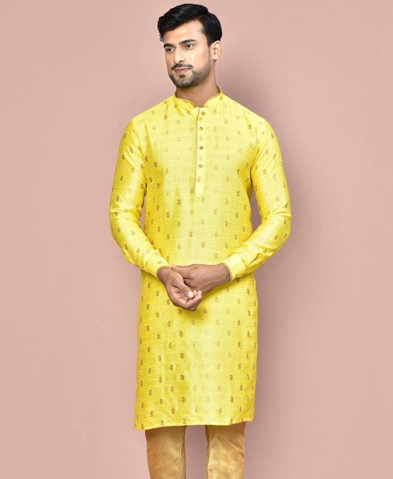 yellow fancy fabric kurta with pattern work&pipein work
