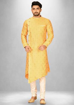 yellow fancy fabric  kurta with side open with pipein work 1