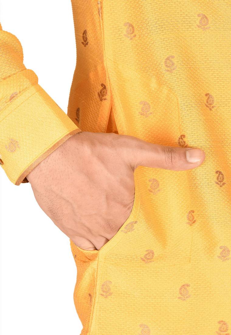yellow fancy fabric  kurta with side open with pipein work
