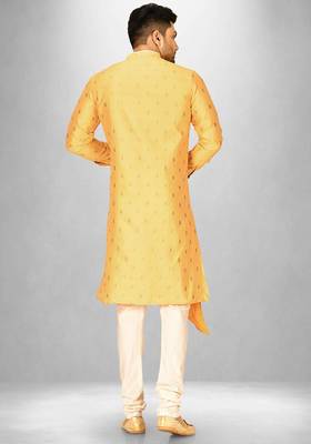yellow fancy fabric  kurta with side open with pipein work 4