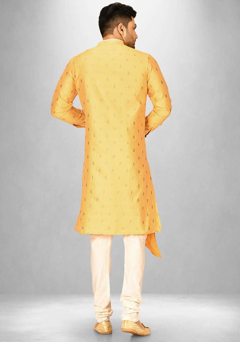 yellow fancy fabric  kurta with side open with pipein work