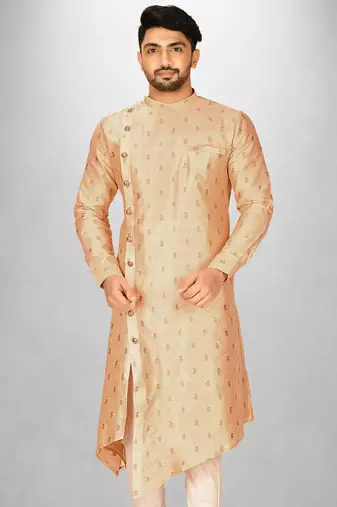 Beige dupion art silk  kurta with  open sherwani style and full inside cotton linen