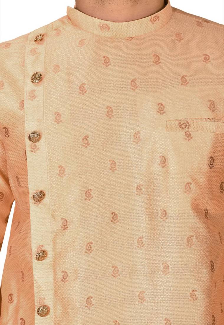 Beige dupion art silk  kurta with  open sherwani style and full inside cotton linen