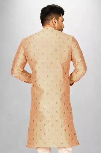 Beige dupion art silk  kurta with  open sherwani style and full inside cotton linen