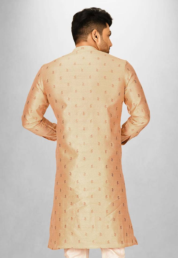 Beige dupion art silk  kurta with  open sherwani style and full inside cotton linen