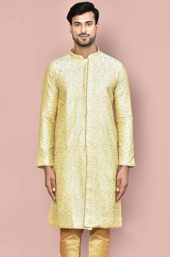 Fawn dupion art silk  kurta with  open sherwani style and full inside cotton linen