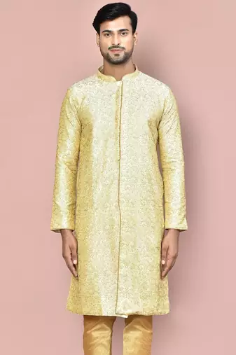 Fawn dupion art silk  kurta with  open sherwani style and full inside cotton linen