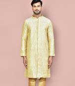 Fawn dupion art silk  kurta with  open sherwani style and full inside cotton linen
