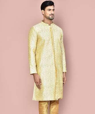 Fawn dupion art silk  kurta with  open sherwani style and full inside cotton linen 2