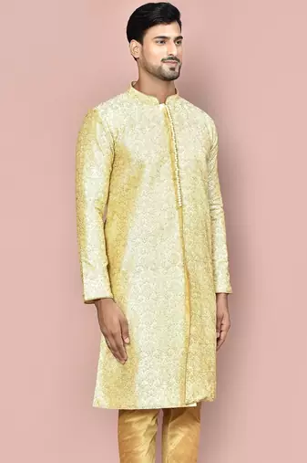 Fawn dupion art silk  kurta with  open sherwani style and full inside cotton linen