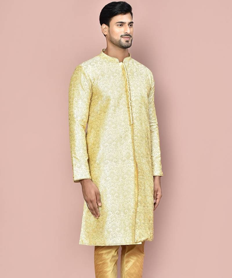 Fawn dupion art silk  kurta with  open sherwani style and full inside cotton linen