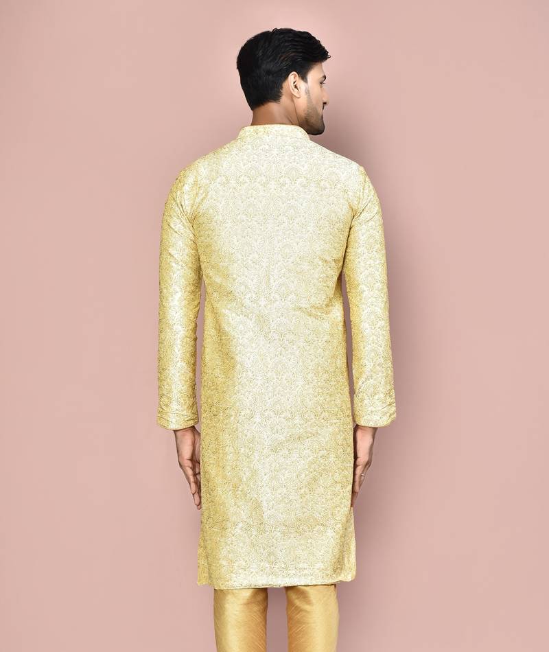 Fawn dupion art silk  kurta with  open sherwani style and full inside cotton linen