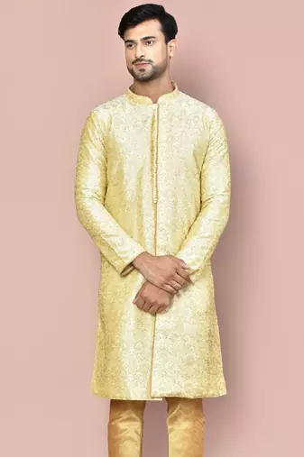 Fawn dupion art silk  kurta with  open sherwani style and full inside cotton linen