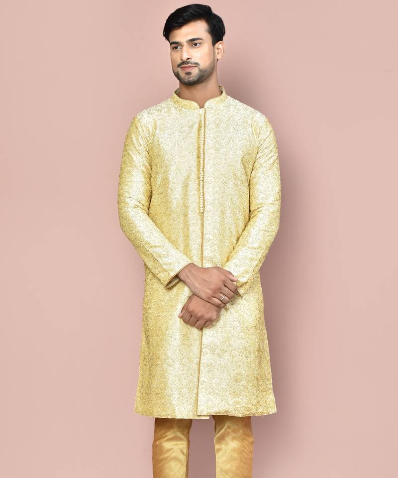 Fawn dupion art silk  kurta with  open sherwani style and full inside cotton linen