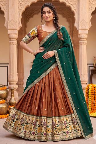 Copper Brown Lehenga with Rich Emerald Green Contrast Dupatta