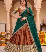 Elegant Copper Brown Lehenga with Rich Emerald Green Contrast Dupatta