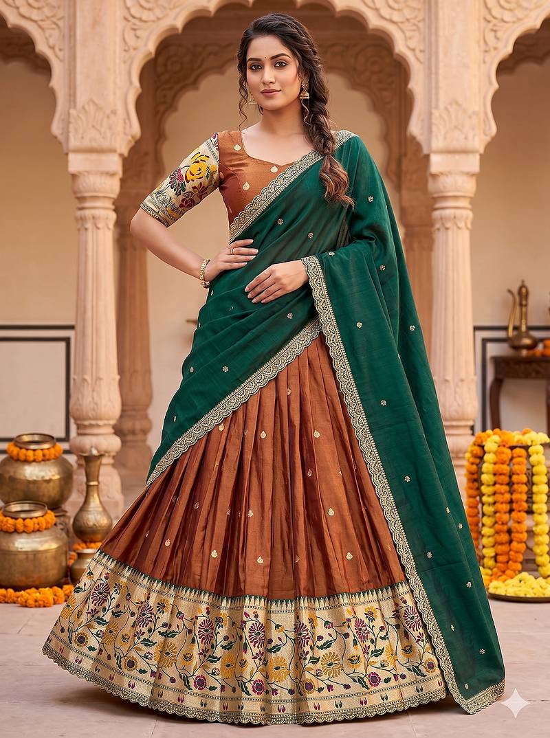Elegant Copper Brown Lehenga with Rich Emerald Green Contrast Dupatta