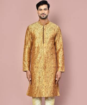 Beige dupion art silk  kurta with  open sherwani style and full inside cotton linen 1