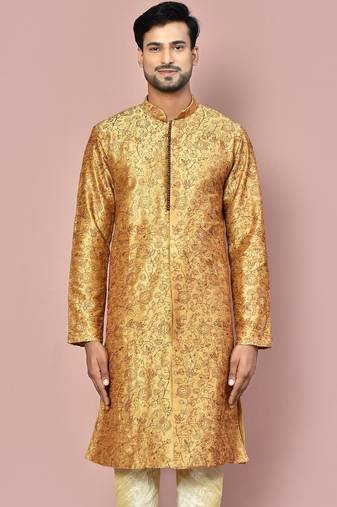 Beige dupion art silk  kurta with  open sherwani style and full inside cotton linen
