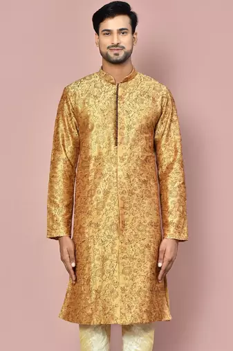 Beige dupion art silk  kurta with  open sherwani style and full inside cotton linen