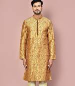 Beige dupion art silk  kurta with  open sherwani style and full inside cotton linen
