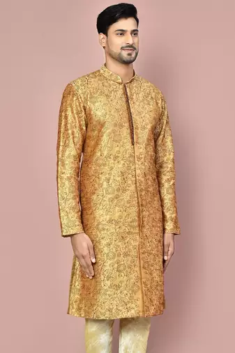 Beige dupion art silk  kurta with  open sherwani style and full inside cotton linen