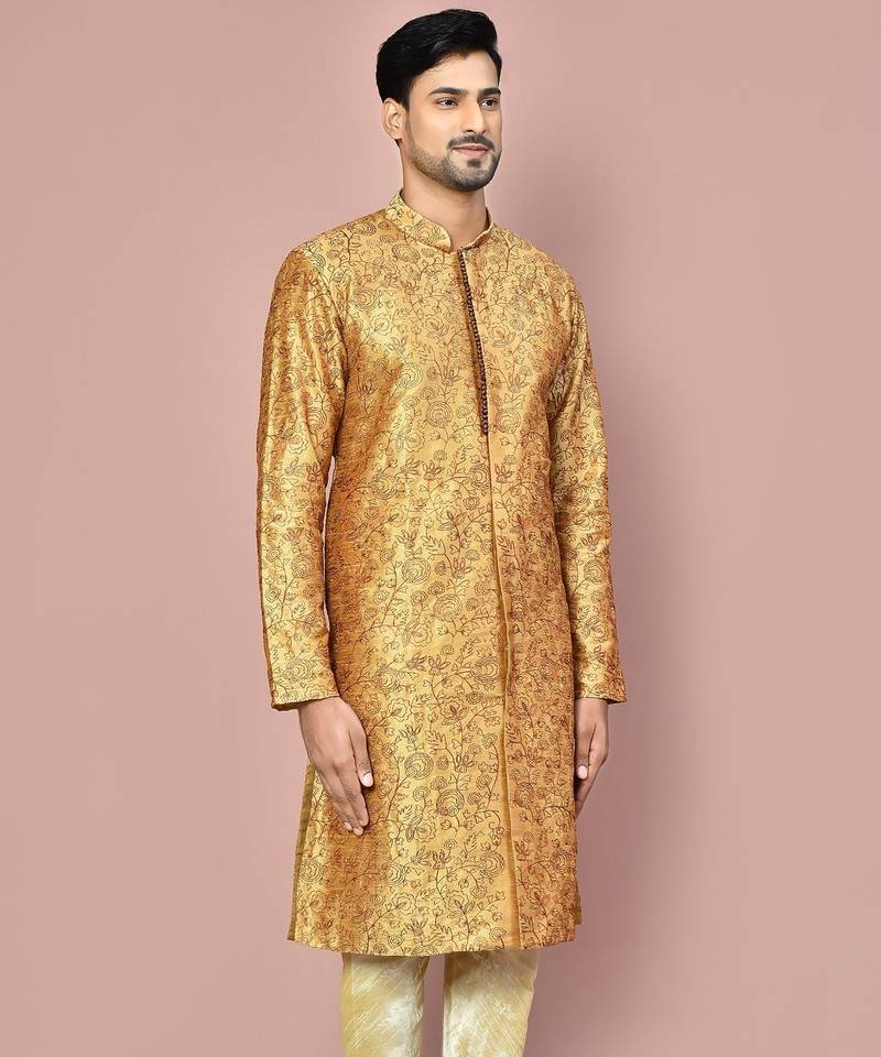 Beige dupion art silk  kurta with  open sherwani style and full inside cotton linen