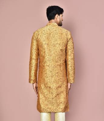 Beige dupion art silk  kurta with  open sherwani style and full inside cotton linen 3