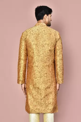 Beige dupion art silk  kurta with  open sherwani style and full inside cotton linen