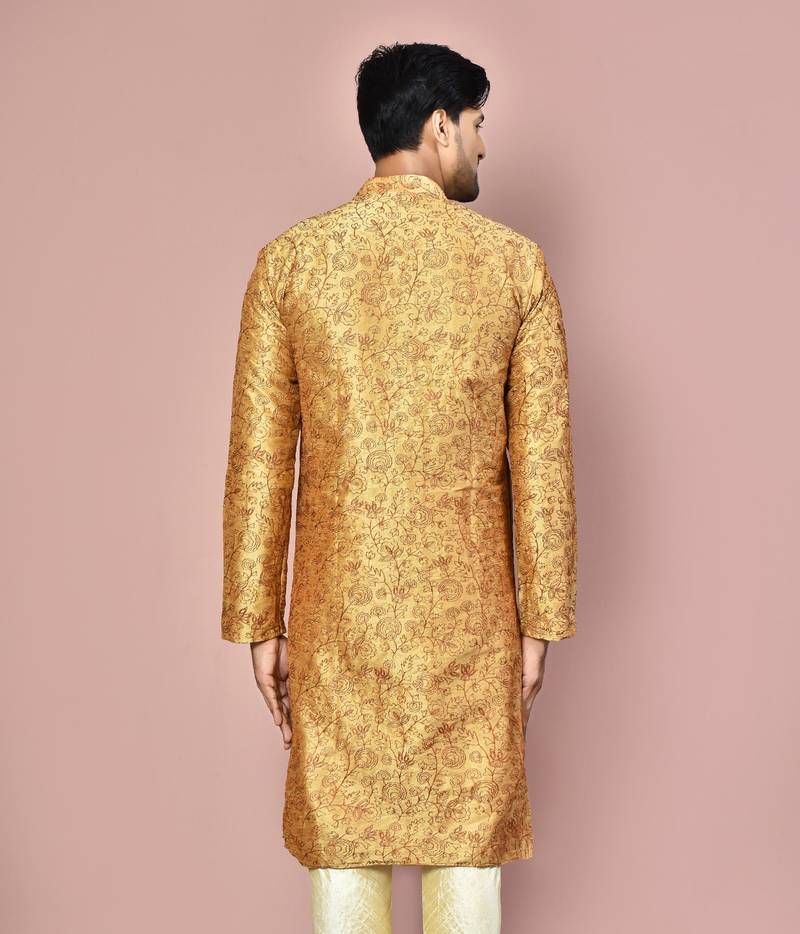 Beige dupion art silk  kurta with  open sherwani style and full inside cotton linen