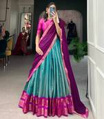 Sophisticated Sky Blue  Deep Purple Border Silk Lehenga Choli Set