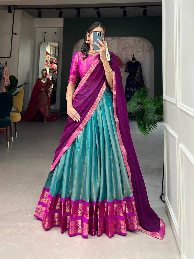 Sophisticated Sky Blue  Deep Purple Border Silk Lehenga Choli Set