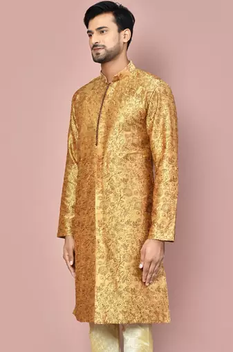 Beige dupion art silk  kurta with  open sherwani style and full inside cotton linen
