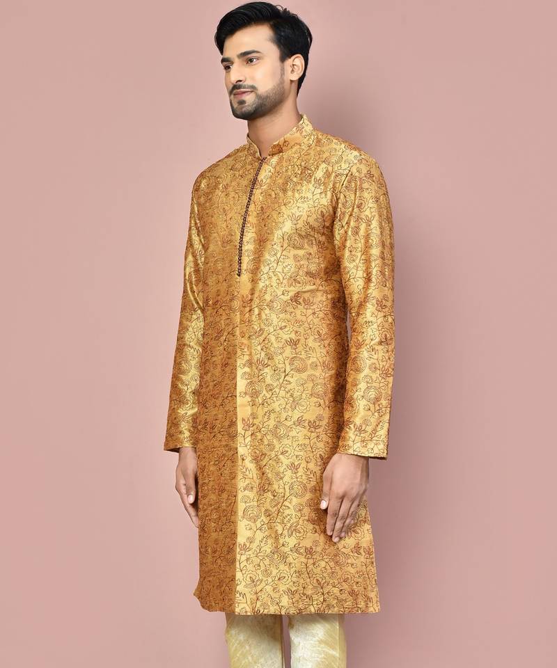 Beige dupion art silk  kurta with  open sherwani style and full inside cotton linen
