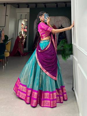 Sophisticated Sky Blue Deep Purple Border silk blend Lehenga Choli Set 3