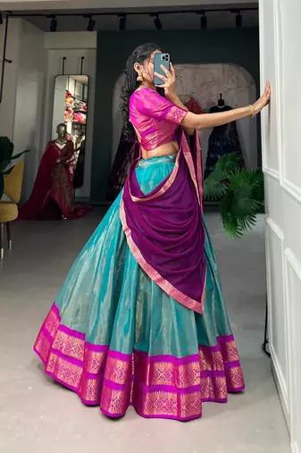 Sophisticated Sky Blue Deep Purple Border Silk Lehenga Choli Set